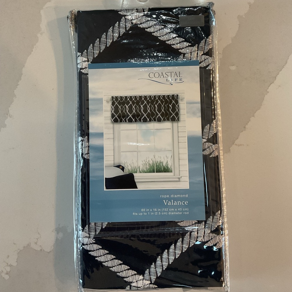 NWT window valance. 60”Wx16”H. Dk navy blue with white embroidered rope pattern